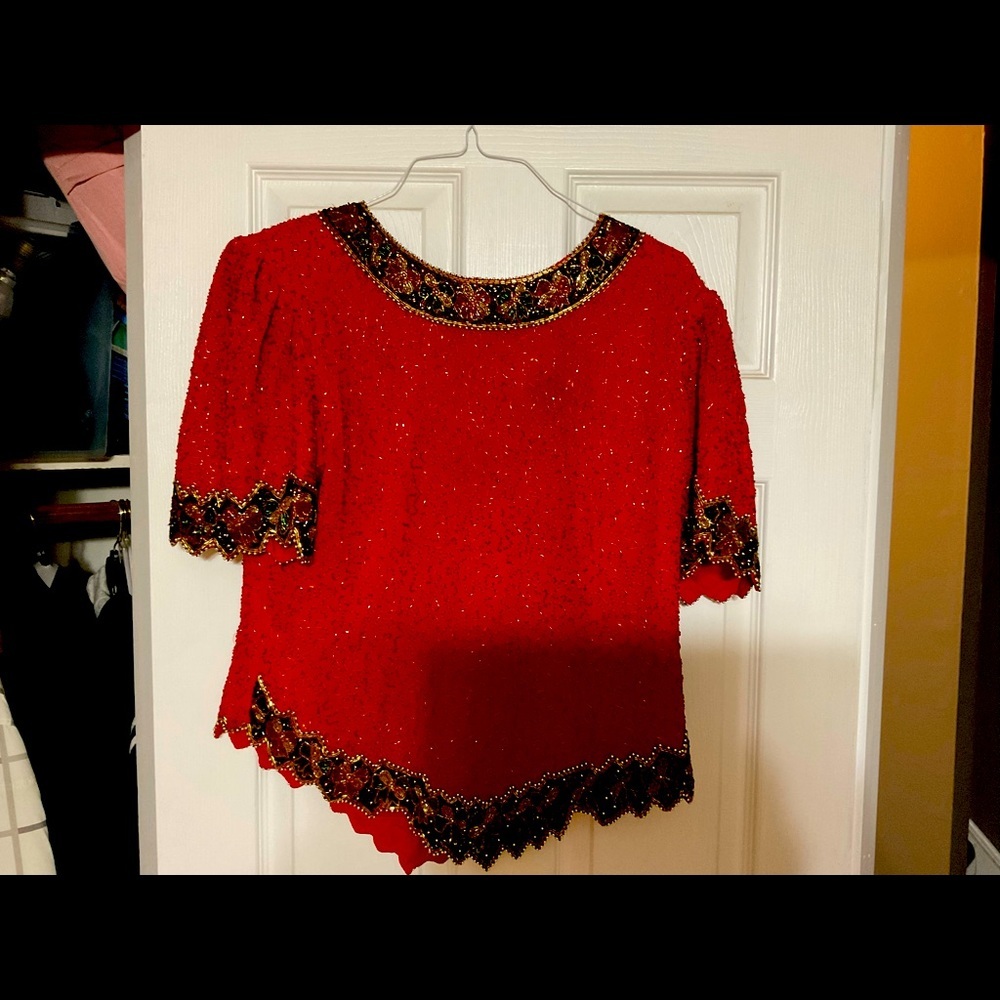 Laurence Kazar Beaded And Sparkled Vintage Tunic type Evening/Holiday Top